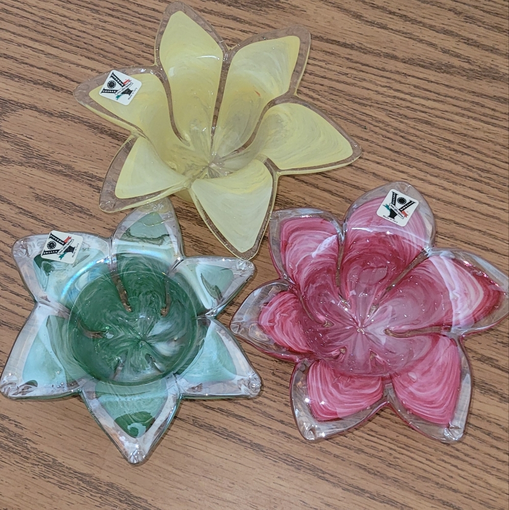 3 Italy Art Glass Flower Votive Tea Light Candle Holder/Trinket Bowl.